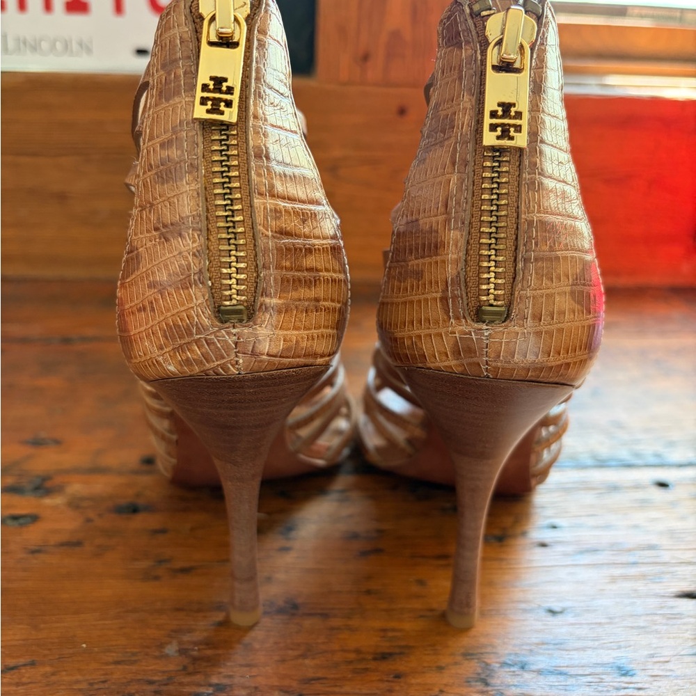 Tory Burch Tan Heels with Gold Buckles - Picture 3 of 6